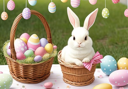 Easter bunny with colorful eggs in nest. ai generative