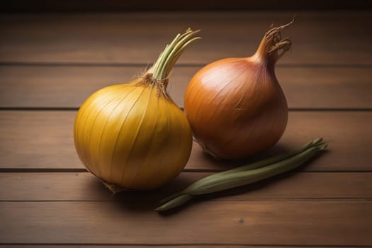 Three onions on a wooden table in front of a solid color background. ai generative