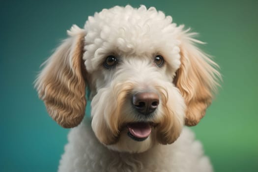 Close-up portrait of a poodle dog on a solid color background. ai generative
