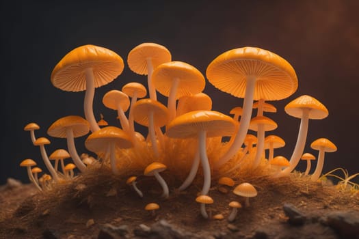 Mushrooms on a solid color background with green moss and water drops. generative ai