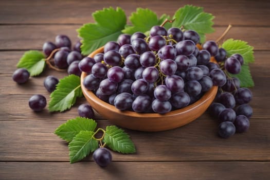 Bunch of fresh grapes on wooden table. Vintage style toned picture. ai generative