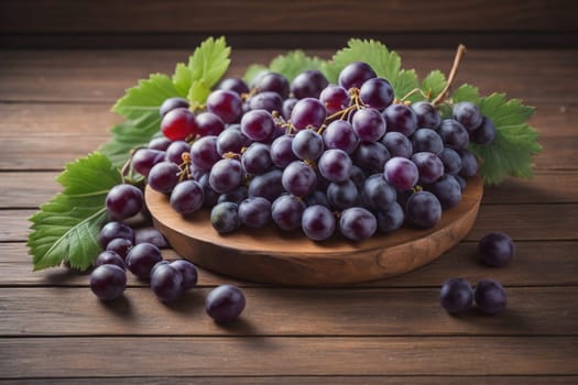 Bunch of fresh grapes on wooden table. Vintage style toned picture. ai generative