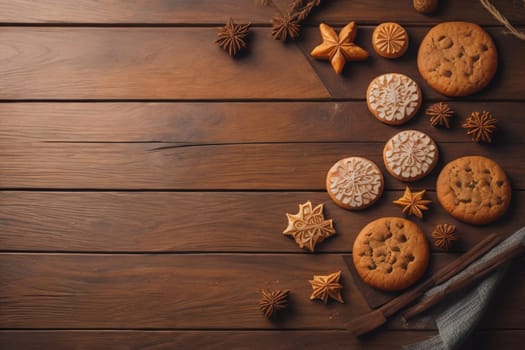 Cookies on a wooden table. Top view. ai generative