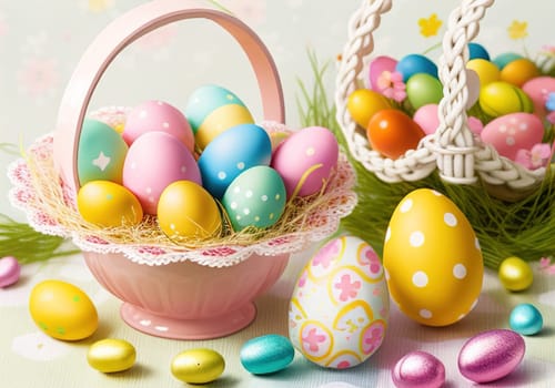 Easter bunny with colorful eggs in nest. ai generative