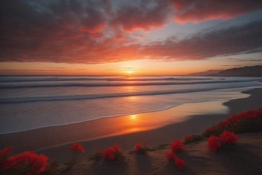 Beautiful sunset on the beach with reflection in the water. Long exposure. ai generative
