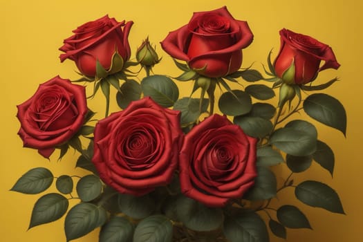 Red roses background. Top view of beautiful red roses with green leaves. ai generative