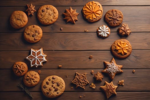 Cookies on a wooden table. Top view. ai generative