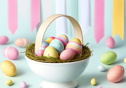 Easter bunny with colorful eggs in nest. ai generative