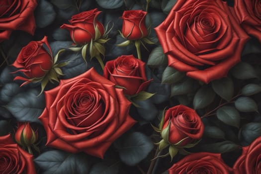 Red roses background. Top view of beautiful red roses with green leaves. ai generative