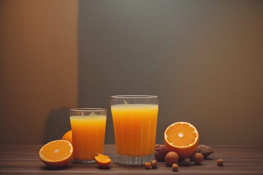 Glass of orange juice and fresh orange fruits. ai generative