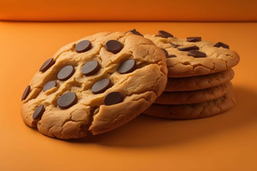 Chocolate chip cookies on orange background. Close up. Selective focus. ai generative