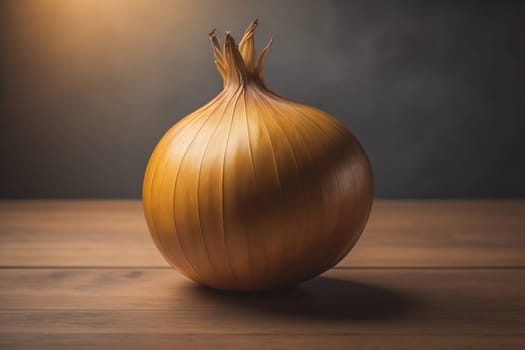 Three onions on a wooden table in front of a solid color background. ai generative