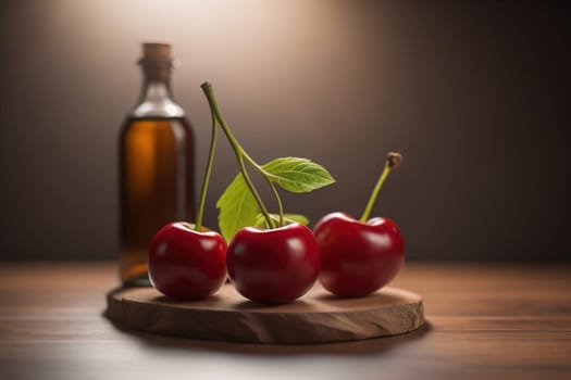 Red cherries on a wooden background. Close up. Selective focus. ai generative