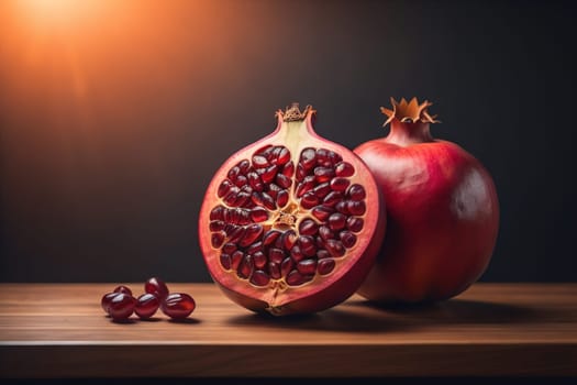 Ripe pomegranate fruit on a wooden background. Still life. ai generative