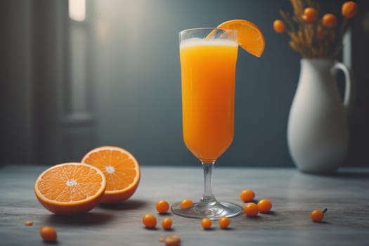 Glass of orange juice and fresh orange fruits. ai generative