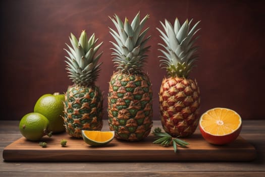 Pineapples on a wooden background. ai generative