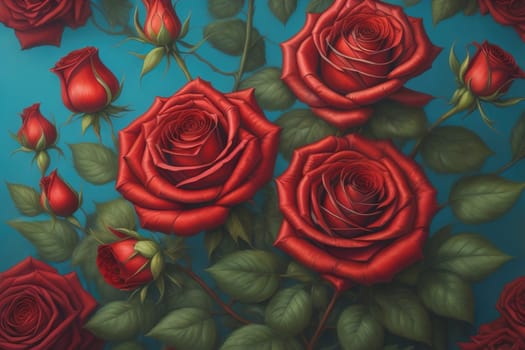 Red roses background. Top view of beautiful red roses with green leaves. ai generative