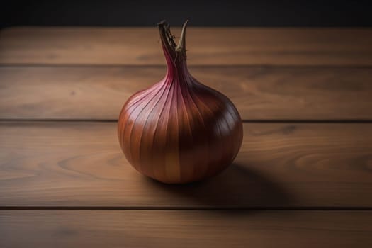 Three onions on a wooden table in front of a solid color background. ai generative