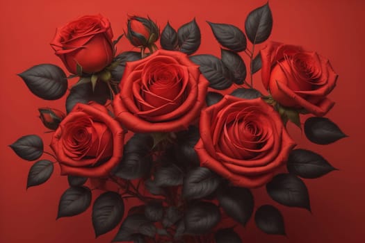 Red roses background. Top view of beautiful red roses with green leaves. ai generative