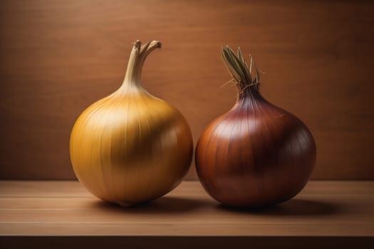 Three onions on a wooden table in front of a solid color background. ai generative