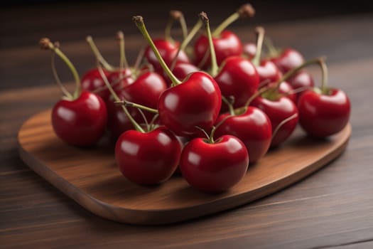 Red cherries on a wooden background. Close up. Selective focus. ai generative