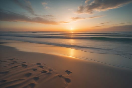 Beautiful sunset on the beach with reflection in the water. Long exposure. ai generative