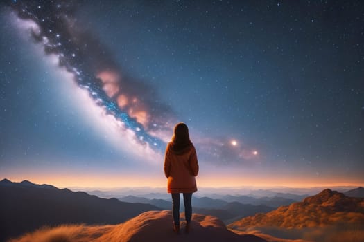 Woman looking at the starry sky with milky way in the mountains. ai generative