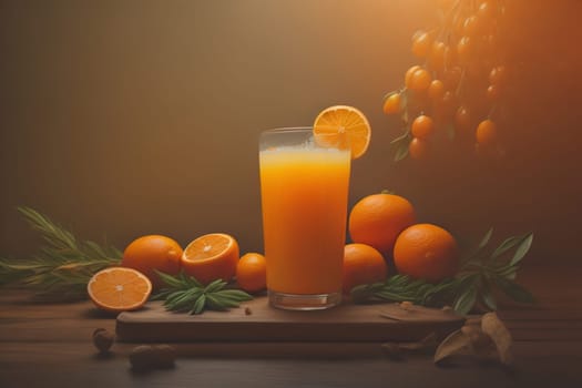 Glass of orange juice and fresh orange fruits. ai generative