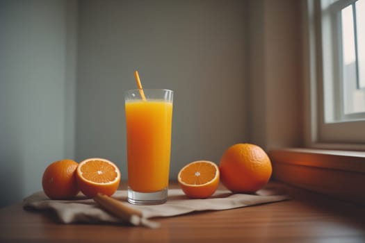 Glass of orange juice and fresh orange fruits. ai generative
