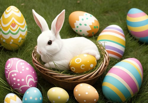 Easter bunny with colorful eggs in nest. ai generative