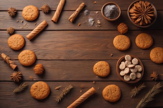 Cookies on a wooden table. Top view. ai generative