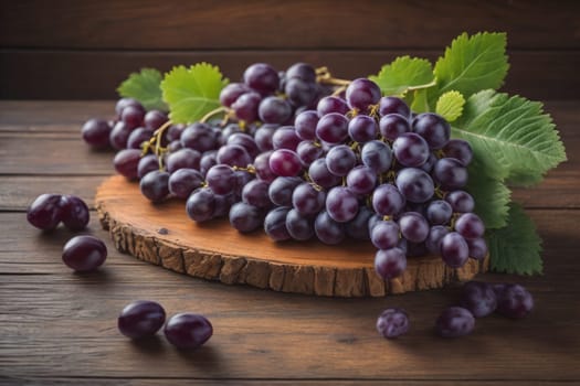 Bunch of fresh grapes on wooden table. Vintage style toned picture. ai generative