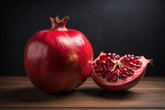 Ripe pomegranate fruit on a wooden background. Still life. ai generative