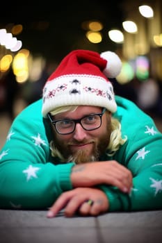 A festive man in a green sweater and red hat, with glasses perched on his nose, donning winter clothing and a bonnet, embodies the spirit of christmas with his whimsical style - Generative AI