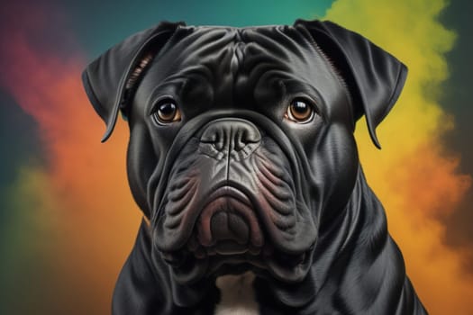 Close up portrait of a cute black dog on a orange background. ai generative