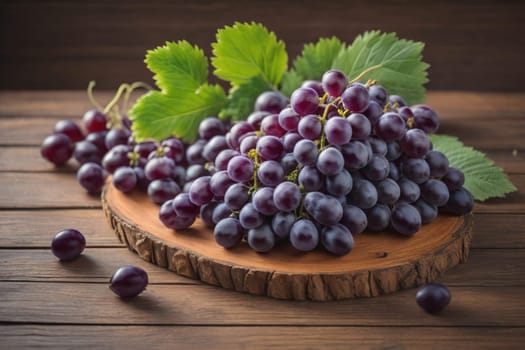 Bunch of fresh grapes on wooden table. Vintage style toned picture. ai generative