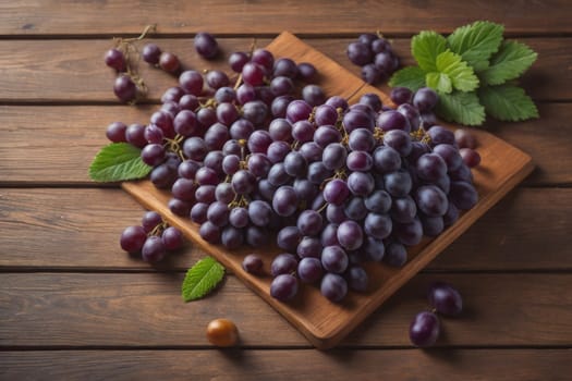 Bunch of fresh grapes on wooden table. Vintage style toned picture. ai generative