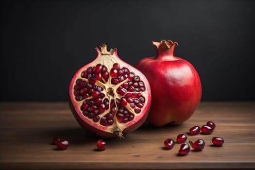 Ripe pomegranate fruit on a wooden background. Still life. ai generative