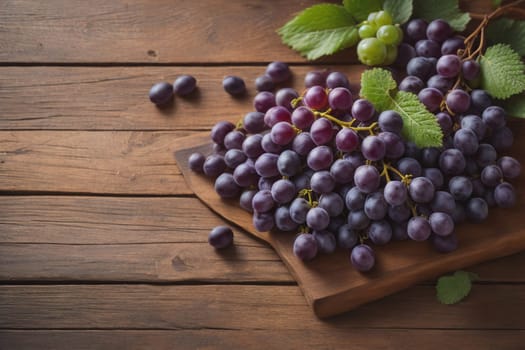 Bunch of fresh grapes on wooden table. Vintage style toned picture. ai generative