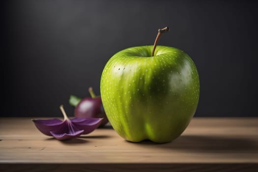 Green apple on a wooden table with dark background, shallow depth of field. The concept of healthy eating. ai generative
