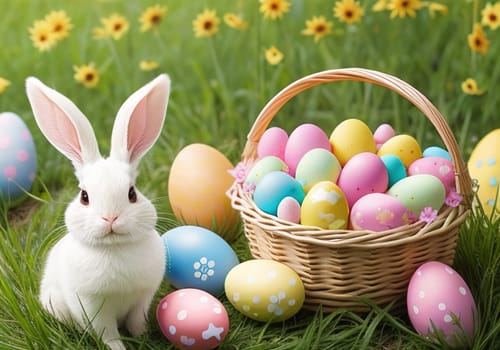 Easter bunny with colorful eggs in nest. ai generative