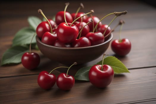 Red cherries on a wooden background. Close up. Selective focus. ai generative