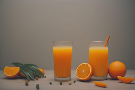 Glass of orange juice and fresh orange fruits. ai generative