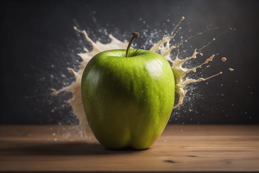 Green apple on a wooden table with dark background, shallow depth of field. The concept of healthy eating. ai generative