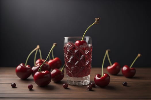 Red cherries on a wooden background. Close up. Selective focus. ai generative
