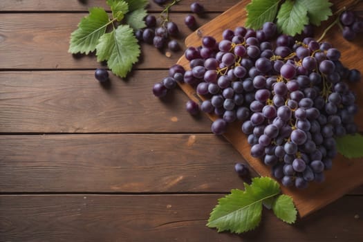 Bunch of fresh grapes on wooden table. Vintage style toned picture. ai generative