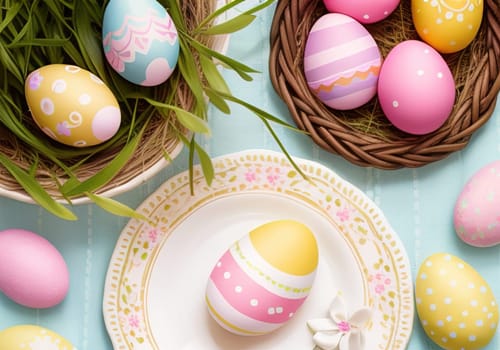Easter bunny with colorful eggs in nest. ai generative