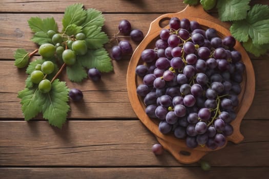 Bunch of fresh grapes on wooden table. Vintage style toned picture. ai generative