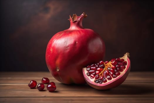 Ripe pomegranate fruit on a wooden background. Still life. ai generative