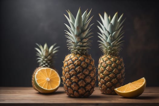 Pineapples on a wooden background. ai generative